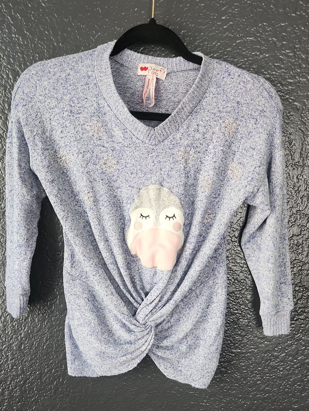 Kids Light Blue V-Neck Knotted Sweater with Pink Applique - Cozy Everyday